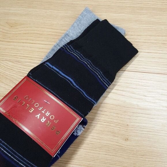 PERRY ELLIS Dress Socks 3-Pack Blue Black Gray Polar Bear Winter Stripe Solid - Picture 4 of 5